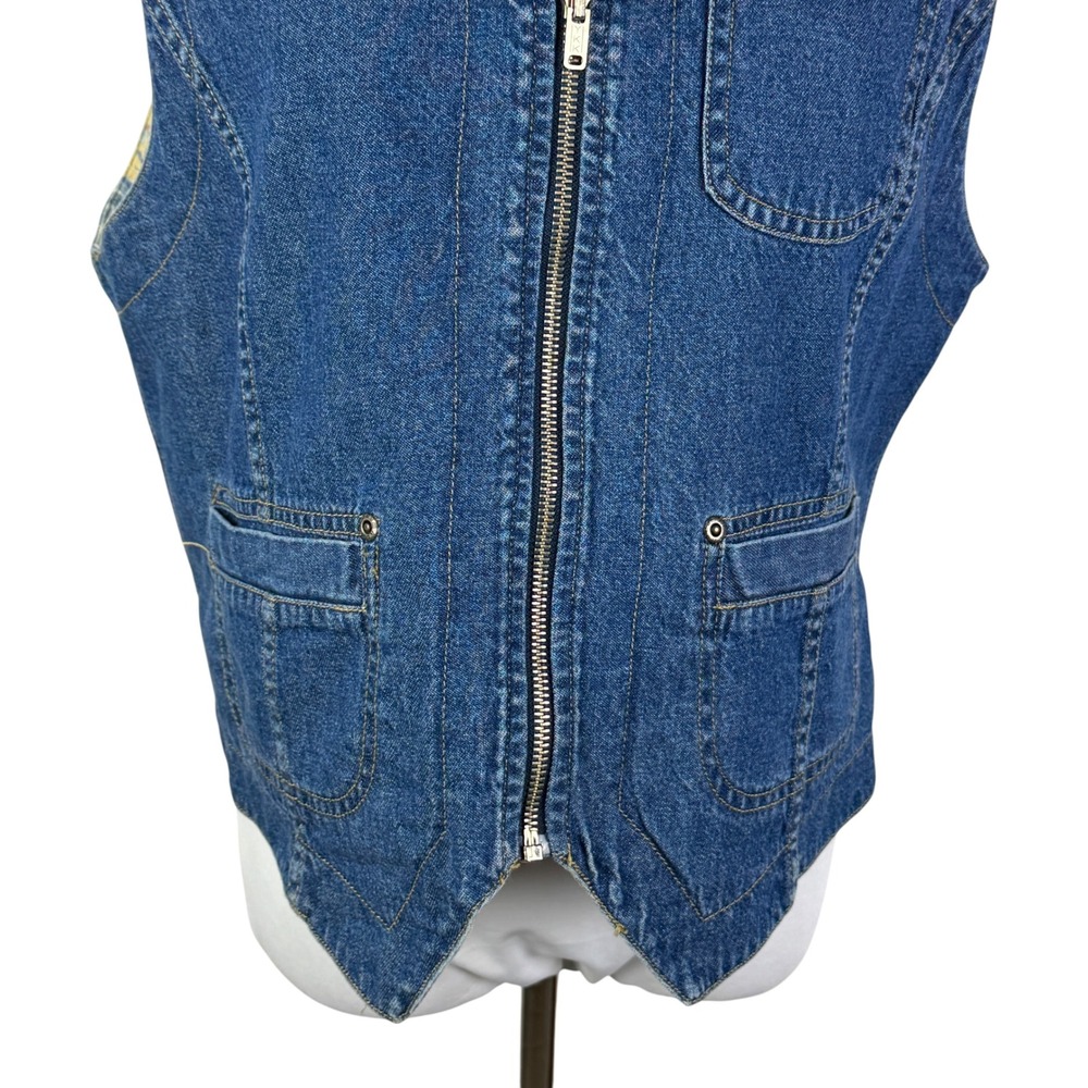 Lizwear Women's Large Reversible Denim Floral Vest Blue Yellow Zip Up Cotton - Picture 6 of 13